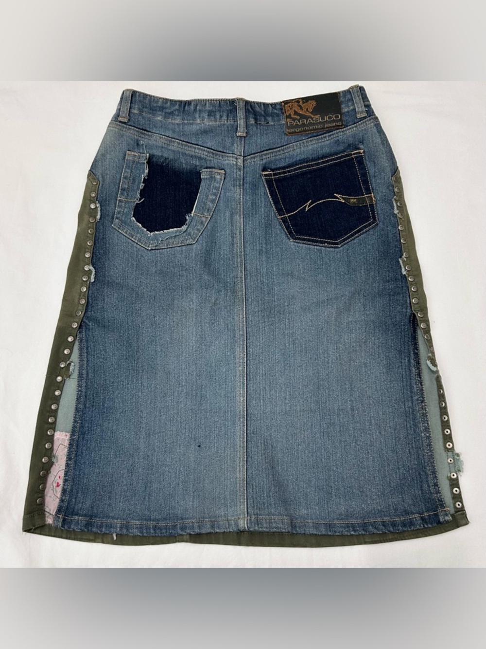 Vintage Late 90s Y2K Parasuco Patchwork Midi Skirt Denim Army Green Size 2 Rare - Picture 7 of 11
